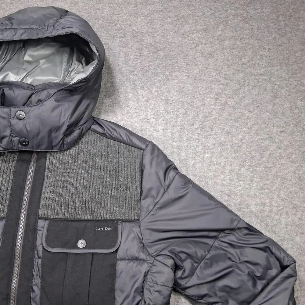 Calvin Klein Jacket Mens Medium Gray Hooded Puffer Quilted Winter Coat